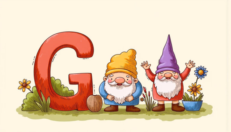 big letter g and giggling gnomes in garden scenes