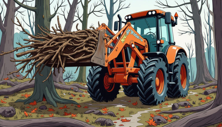 featured a rugged tractor with a grapple attachment moving