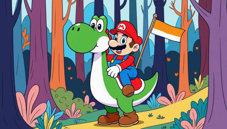 featured mario riding a chubby yoshi waving a little flag i
