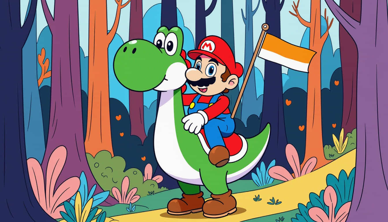 featured mario riding a chubby yoshi waving a little flag i