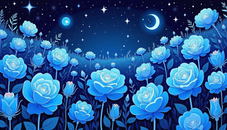 featured a canvas of glowing blue roses shimmering under a