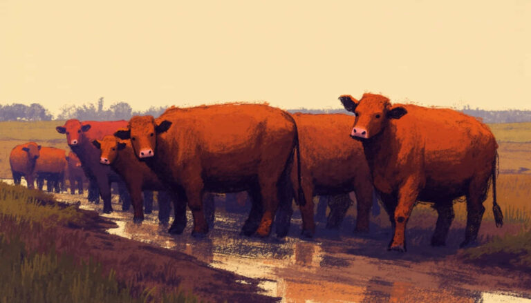 featured a herd of brown cows trudging through a muddy fiel