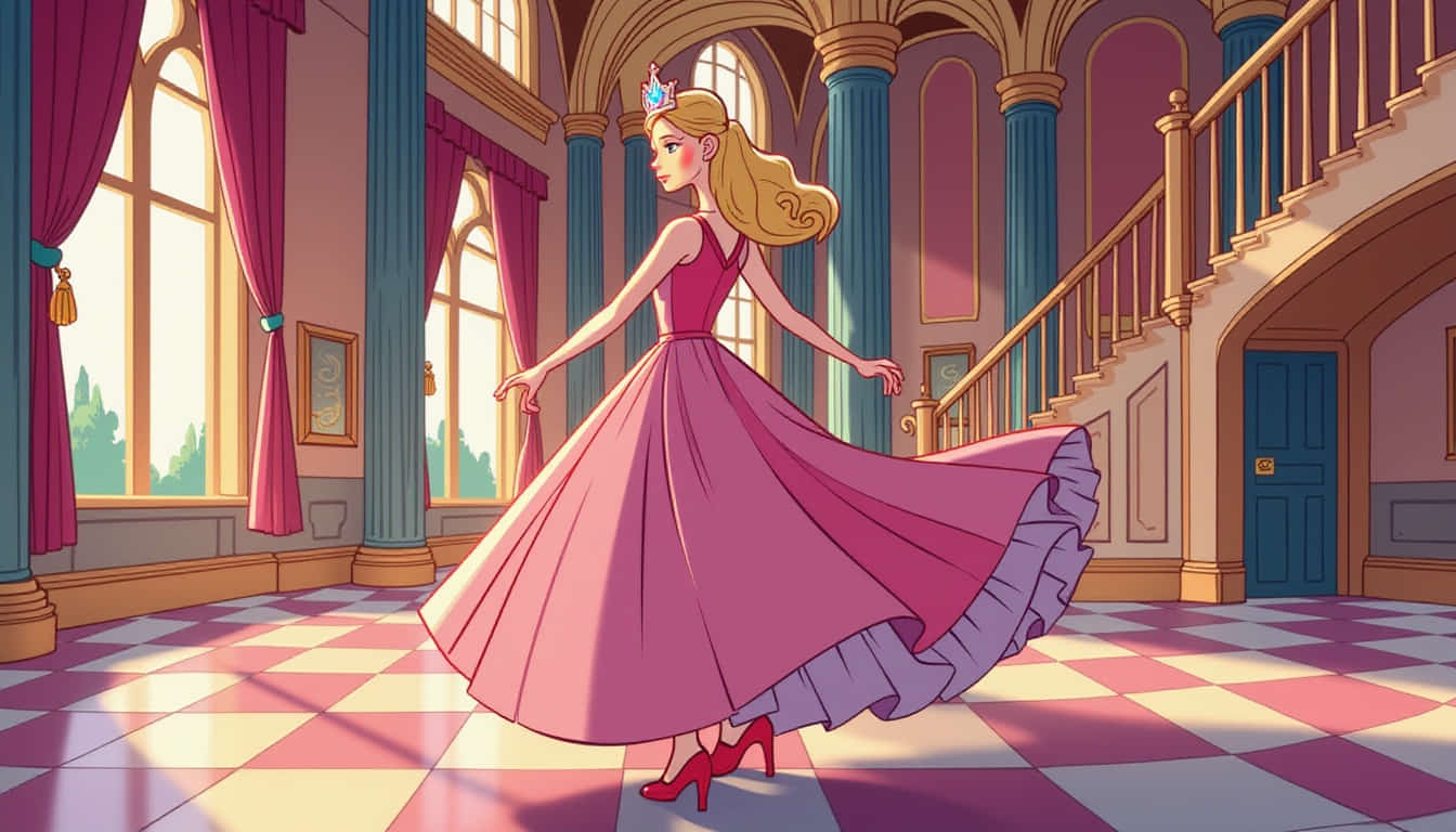 featured a princess with a sparkly crown twirling in a pink