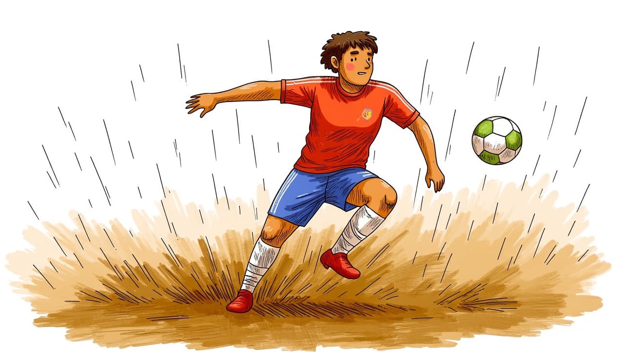 featured a soccer player mud flying in a raindrenched match