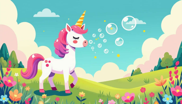 featured a tiny unicorn with a party hat blowing bubbles in