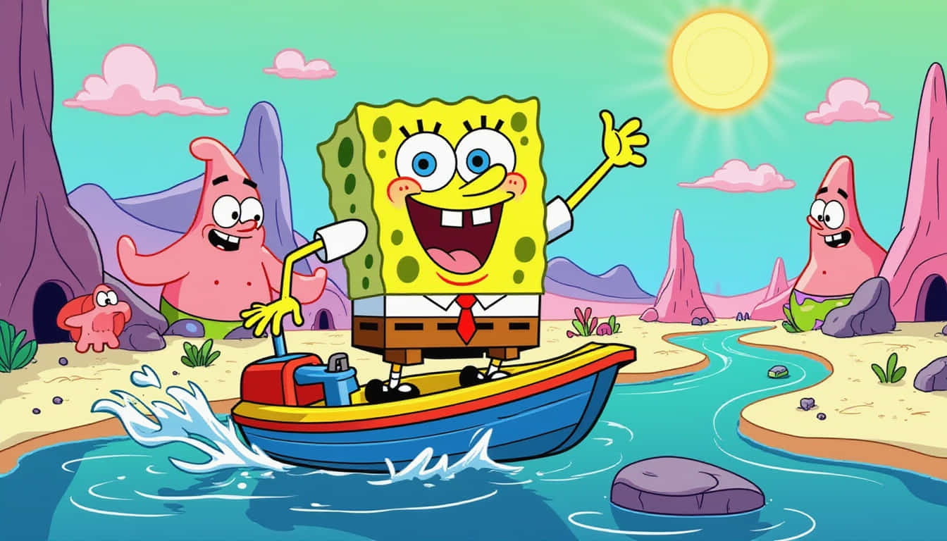 featured spongebob with a toy boat racing patrick on a sunn