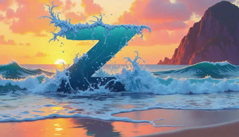 letter z formed from rippling water waves crashing agai