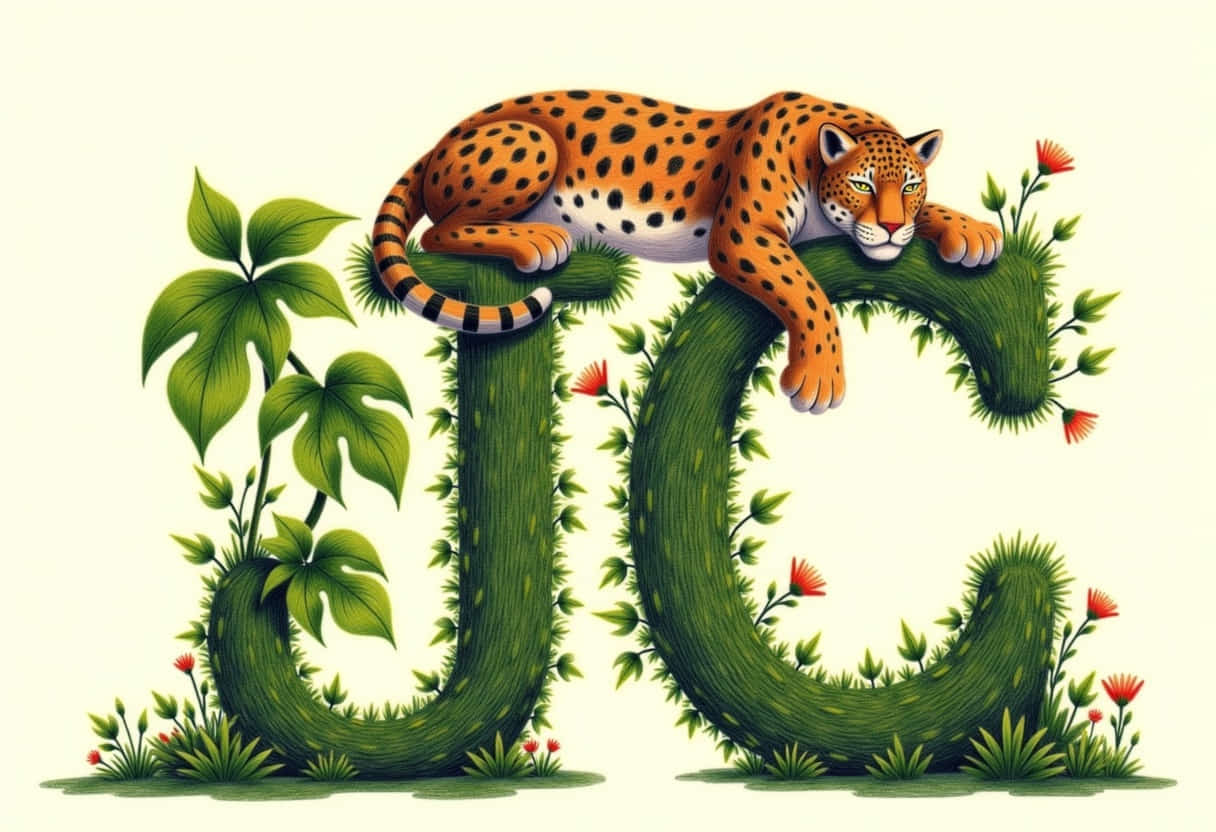 a letter j outline in a dark green jungle a jaguar