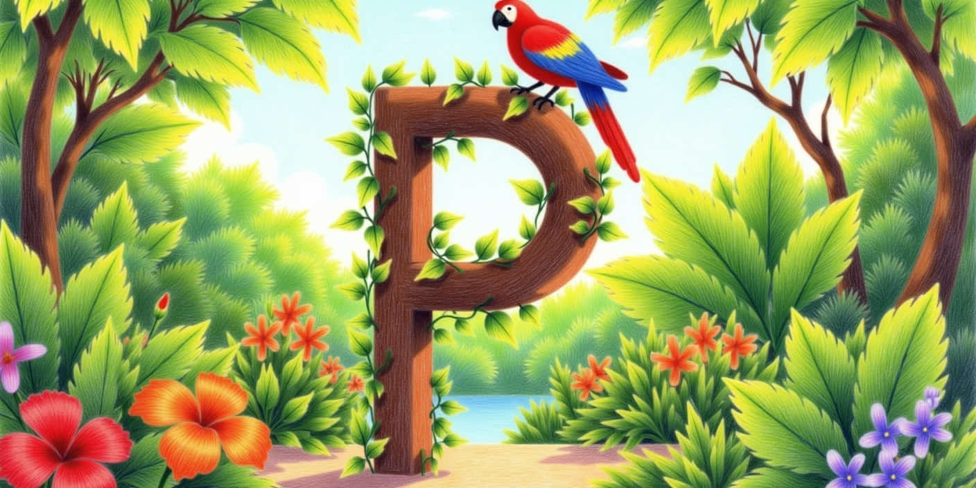 a letter p outline standing in a vibrant jungle a