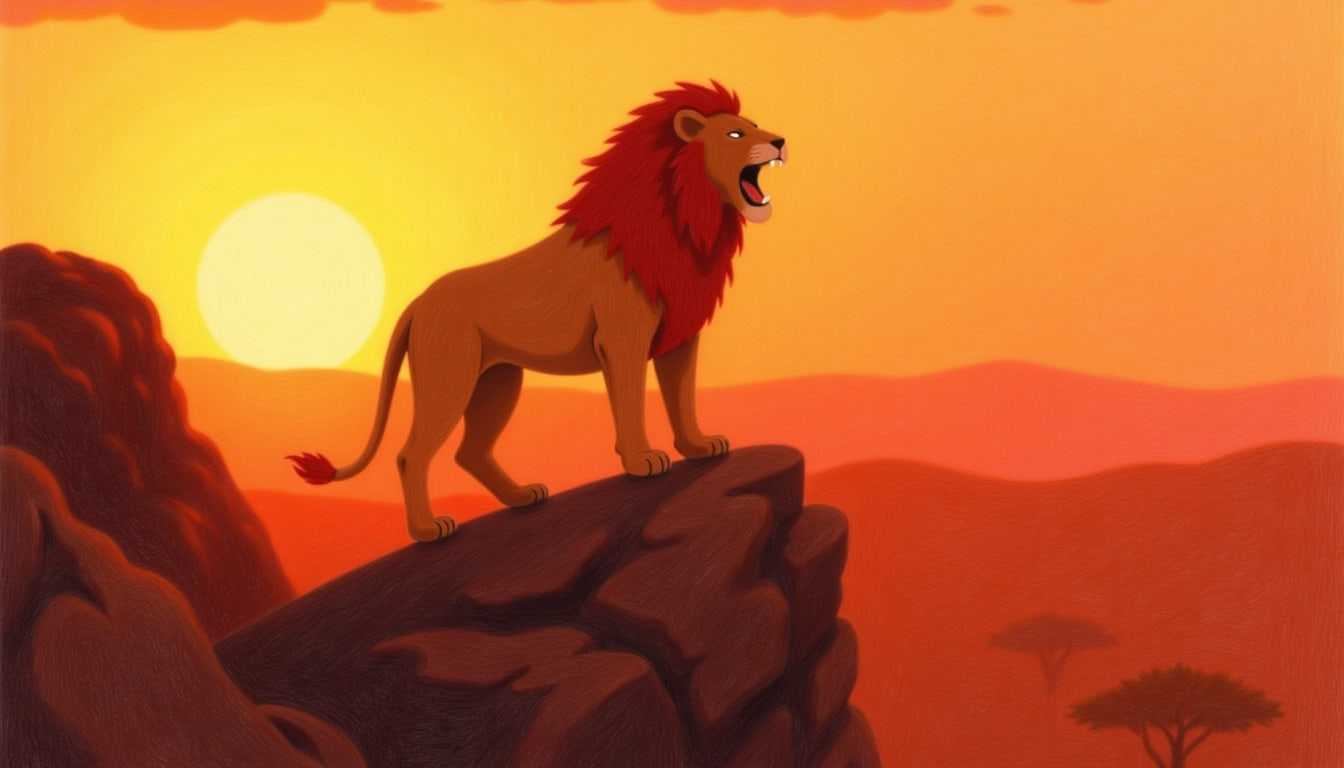 featured a lion with a flowing mane roaring atop a rocky sa