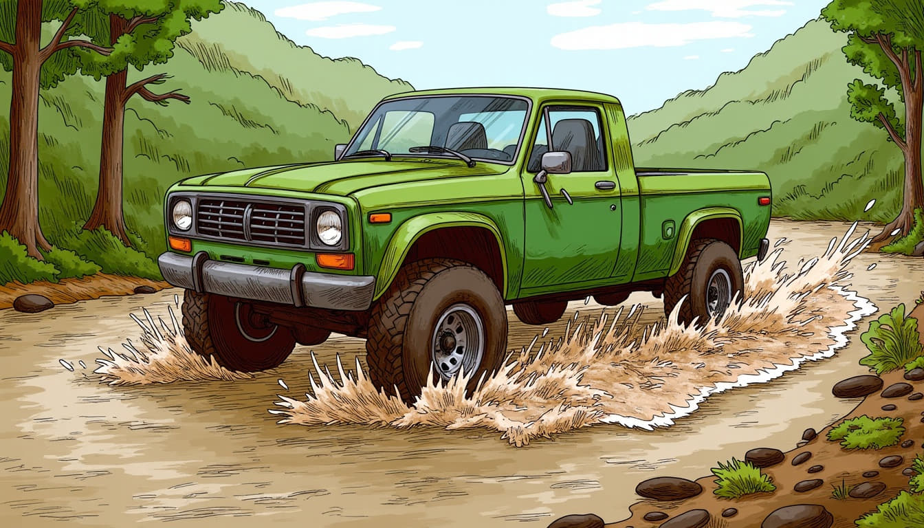 featured rugged green pickup truck splashing through a mu