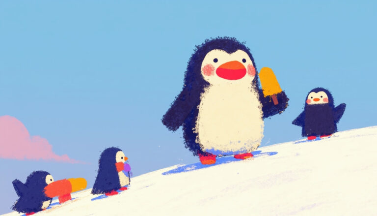 featured a cheerful penguin eating a popsicle on a snowy hi