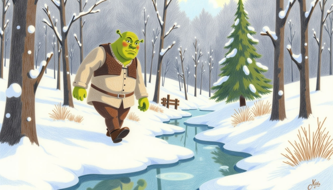 shrek stomping through a snowy swamp with icicles