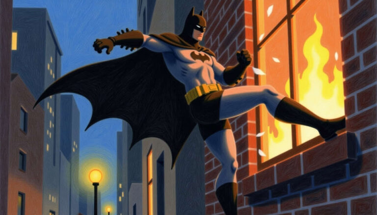 batman swinging from a gotham streetlamp kicking t