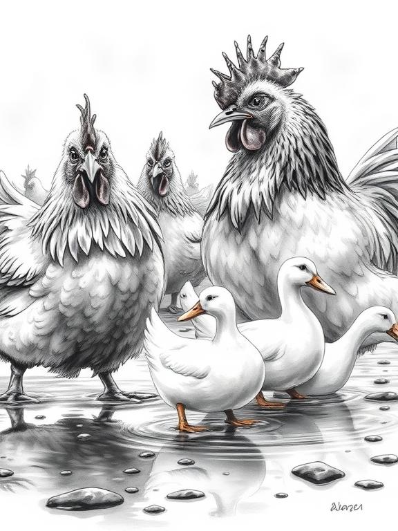 chickens with ruffled wet feathers