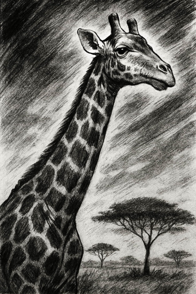 giraffe art drawing in charcoal sketch