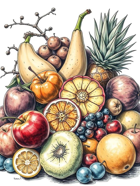 mixed fruits sketch drawing